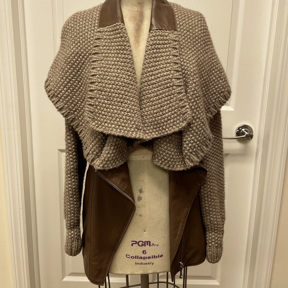 Taupe leather jacket with knit trim